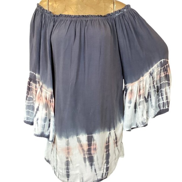 BLACK BEAD Tie Dye Off Shoulder BOHO Bell Sleeve Tunic Top/Mini Sz S #312L - Picture 2 of 7